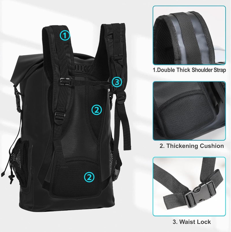 UPWELL 30L Waterproof Dry Bag Boating Backpack for Travel Hiking Camping Kayaking Hiking Swimming Floating Submersible Dry Bag Black - Image 4